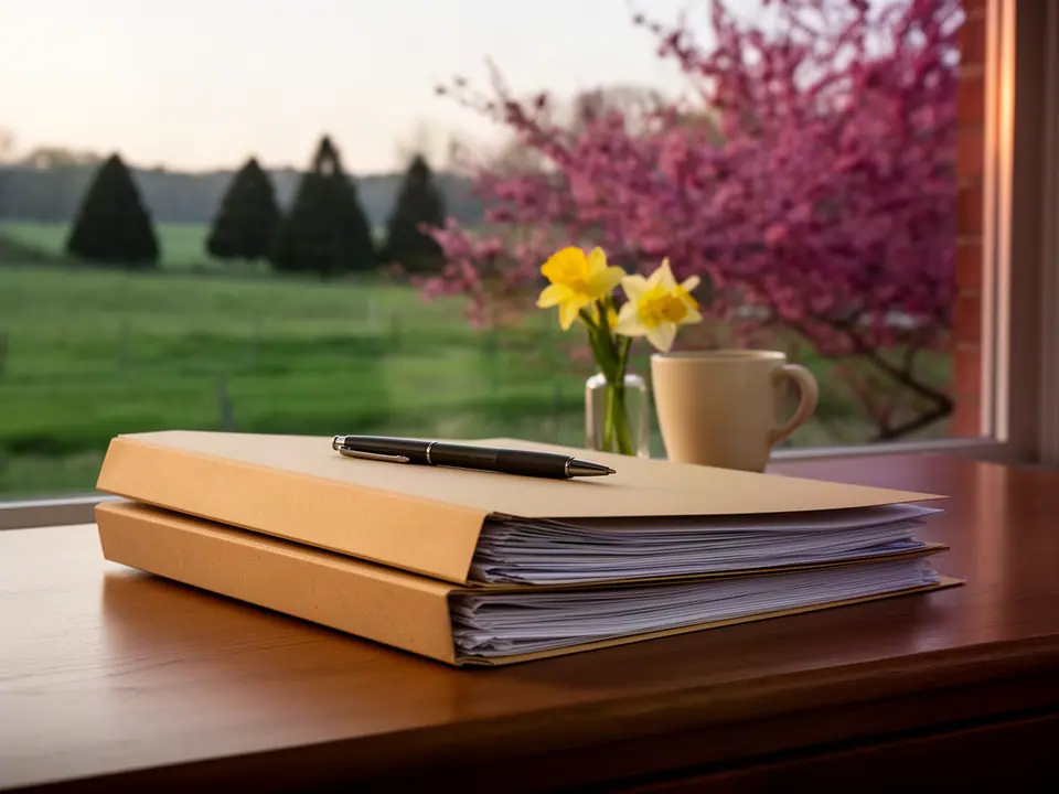 Manila folders and a pen on a desk by a window with daffodils and redbud blossom