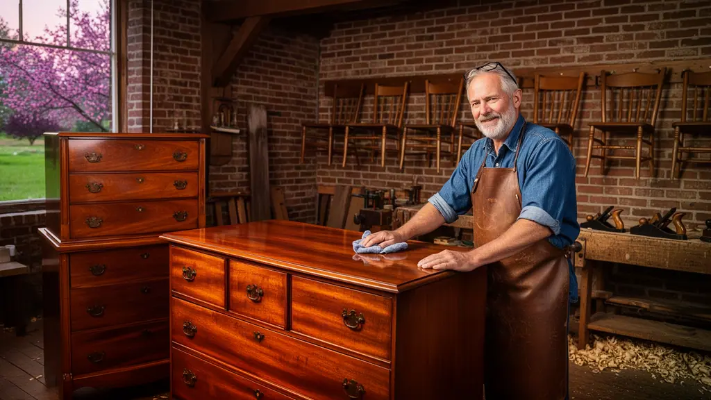 Furniture restorer polishing a walnut dresser in a brick workshop with chairs on wall pegs